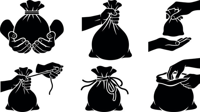 Black silhouette money bag vector set featuring hands holding opening tying and giving full sacks of wealth icons