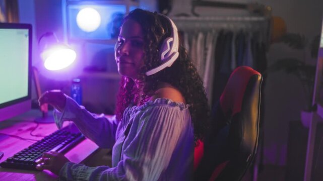 Woman touches headset and smiles at computer while seated in red gaming chair in studio; engagement joy connection.
