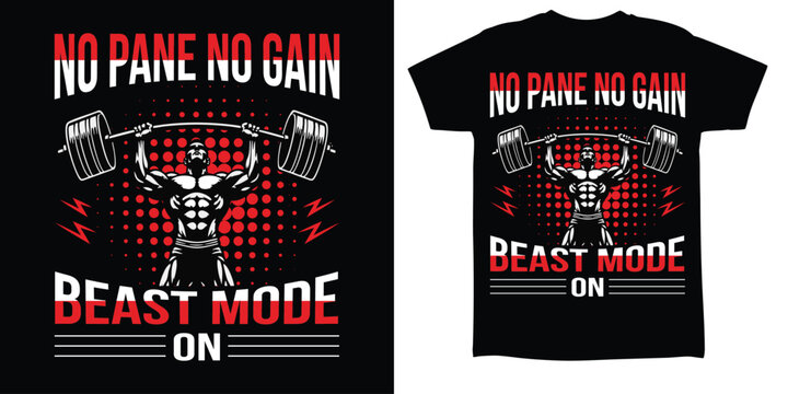 No Pain No Gain Beast Mode Fitness T-Shirt Design with Weightlifter and Barbell