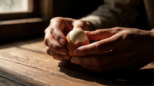 Hands peel cooked egg on rustic wooden table. Person prepares breakfast meal indoors with soft light. Close up view of nutrition preparation.