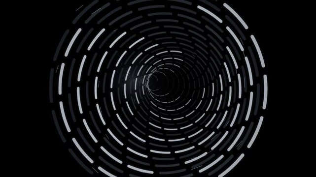 Abstract digital tunnel with swirling white dashed lines on black background