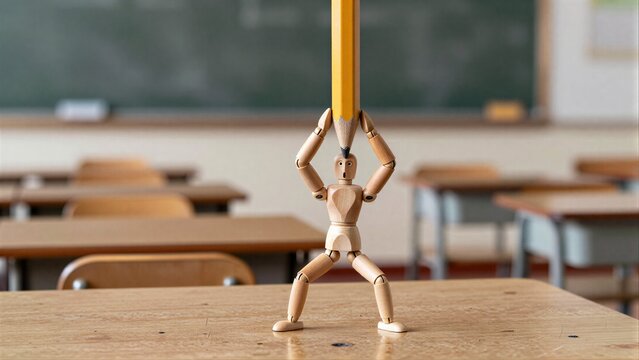 Wooden figure holds pencil above head in classroom, symbolizing pressure or focus.