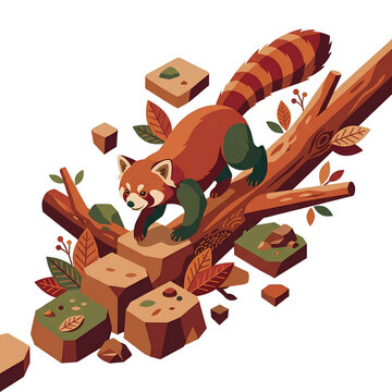 Isometric Red Panda Walking on Tree Branch Vector Illustration