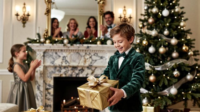Young boy in green velvet suit holds golden gift near festive Christmas tree, family claps behind mirror.