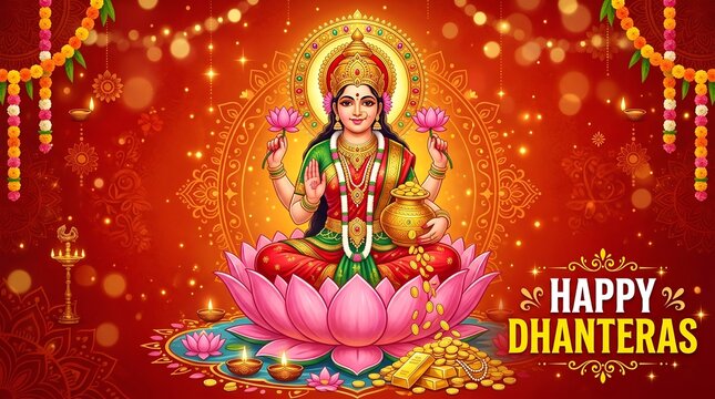 Happy dhanteras greeting with goddess lakshmi sitting on a lotus, holding lotus flowers and coins, surrounded by gold coins and diyas, with a radiant glow and bokeh effect