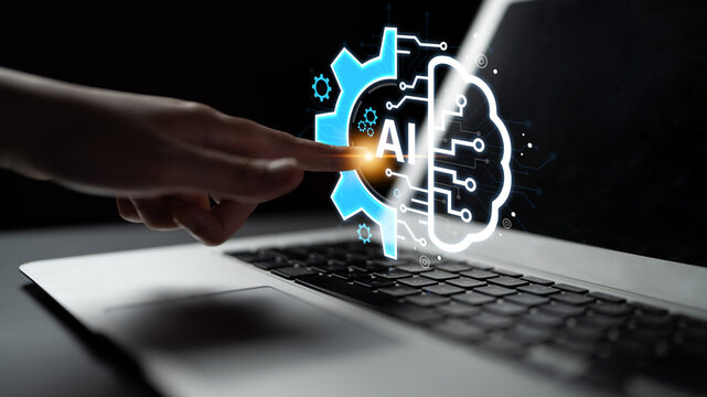 Concept of Artificial Intelligence combining industrial automation with cognitive technology. A machine learning brain processes information to optimize mechanical systems and workflows. Fermion