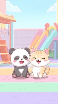 Adorable chibi panda and kitten laughing together at a pastel playground