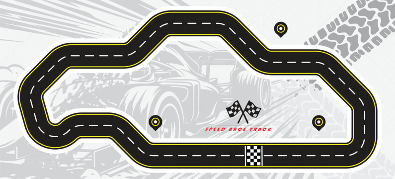 Speed Race Background. Race track in black color with tyre marks and city map on a white background.