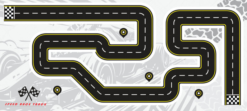 Speed Race Background. Race track in black color with tyre marks and city map on a white background.