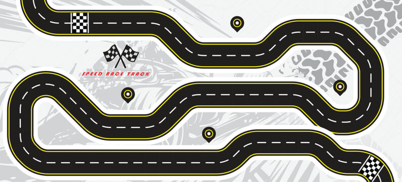 Speed Race Background. Race track in black color with tyre marks and city map on a white background.