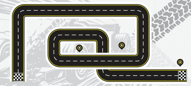 Speed Race Background. Race track in black color with tyre marks and city map on a white background.