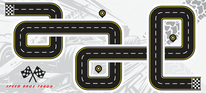 Speed Race Background. Race track in black color with tyre marks and city map on a white background.