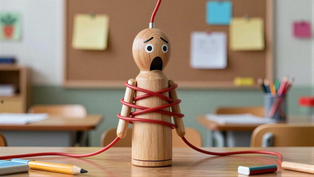 Wooden figure tied with red wire, shocked in classroom setting.