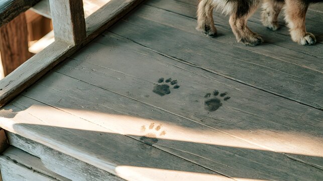 Small dog walking on a wooden porch leaving muddy paw prints on the deck with animal tracks wooden planks dirty floor pet owner animal footprint outdoor deck domestic animal cute dog home life