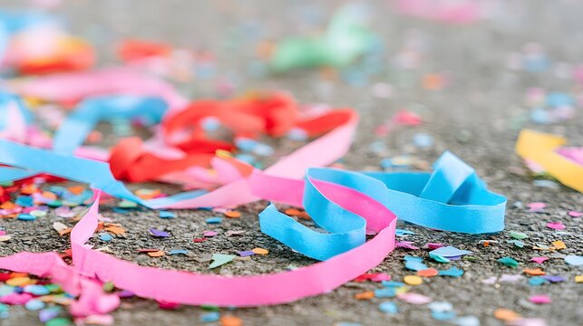 Colorful paper confetti and party streamers scattered on the ground with paper ribbons party decor after party event planning paper scraps party supplies party time colorful background
