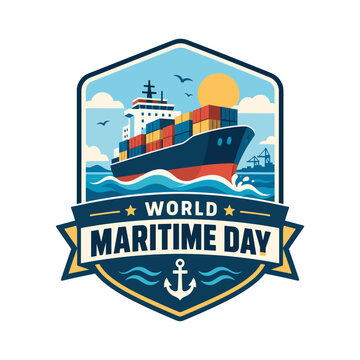 World Maritime Day shield badge illustration featuring cargo ship, lighthouse and ocean waves for shipping industry themes