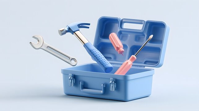 Toy tool box with hammer wrench and screwdriver on light blue background toy tools play set kids tools hand tools construction toy building toy imaginative play small tools screwdriver