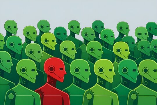 Illustration of a Crowd of Mechanical Human Silhouettes as Dense Group of Green Robotic Cyborg Profiles Facing Sideways Right with 1 Standout Distinct Red Silhouette in Front Row. Securing AI Systems
