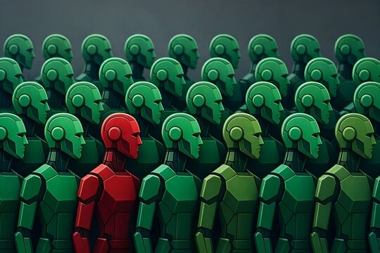 Illustration of a Crowd of Mechanical Human Silhouettes as Dense Group of Green Robotic Cyborg Profiles Facing Sideways Right with 1 Standout Distinct Red Silhouette in Front Row. Securing AI Systems