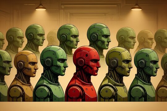 Illustration of a Crowd of Mechanical Human Silhouettes as Dense Group of Green Robotic Cyborg Profiles Facing Sideways Right with 1 Standout Distinct Red Silhouette in Front Row. Securing AI Systems.