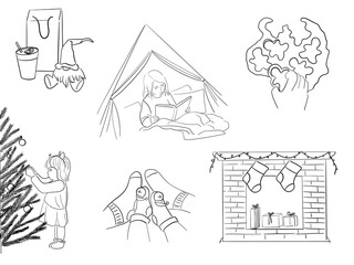 Fototapeta premium Cozy Christmas Line Art Vector Set – Winter Holidays Line Illustrations