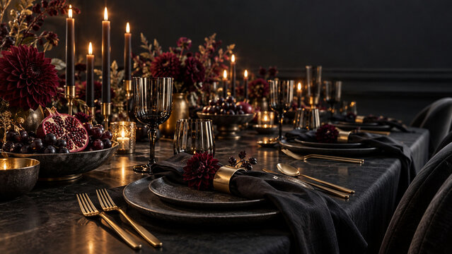 Midnight black and gold formal dinner table setting