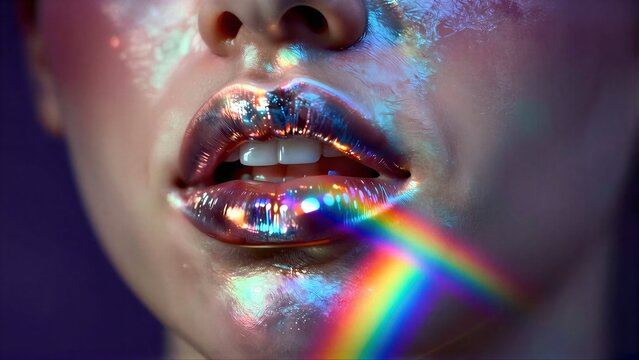 Iridescent lips gleam against dark backdrop, rainbow arches softly behind.