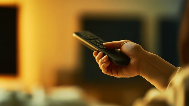 Close-up of a woman&rsquo;s hands operating a remote control in a room