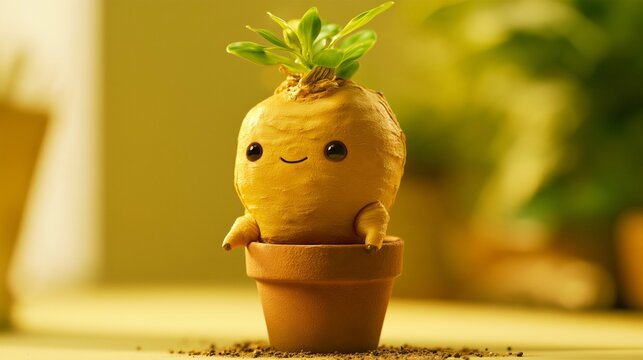 A cute mandrake (mandragora) character perched in a pot