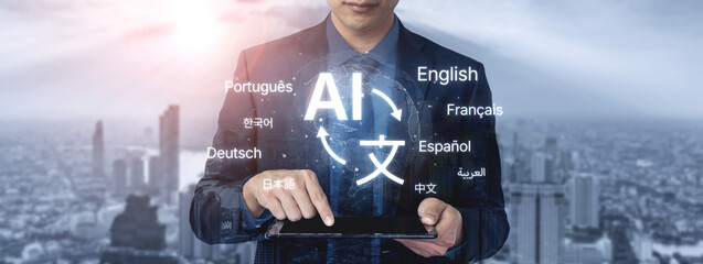 Global communication with multiple languages, digital translation tools, multilingual technology, cross-cultural communication, and virtual language learning environments. Spline © InfiniteFlow
