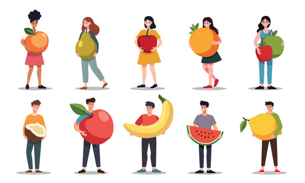 Character with vegetable fruits vector graphic collection