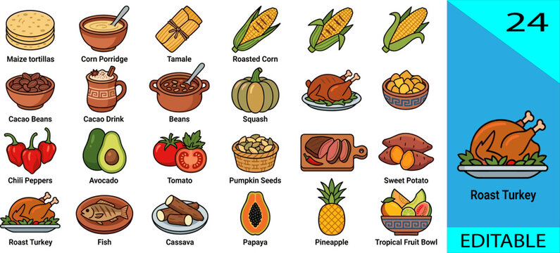 Set of 24 ancient Aztec food icons maize tortillas tamale cacao roast turkey chili pepper editable vector illustration