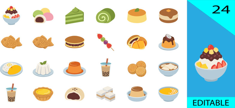 Set of 24 Asian dessert icons bingsu taiyaki dorayaki mochi matcha cake boba tea editable vector illustration