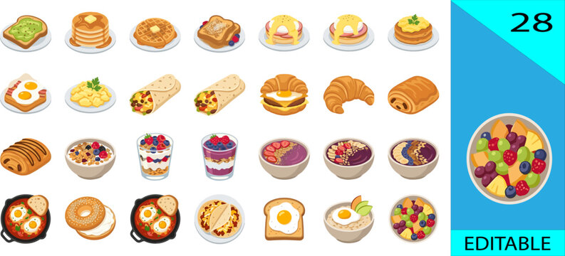 Set of 28 breakfast icons avocado toast pancakes waffle eggs benedict croissant acai bowl editable vector illustration