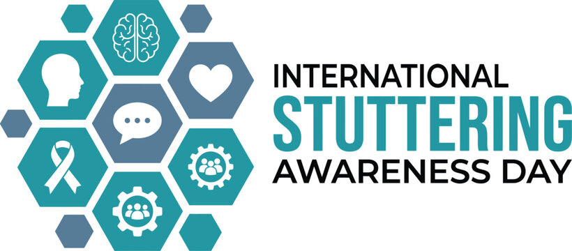 International stuttering awareness day with teal and grey hexagonal pattern containing of a brain a human profile a heart a speech bubble a ribbon and gear symbols with people