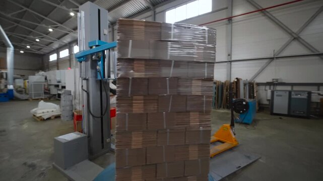 Warehouse worker securing shrink wrapped cardboard boxes on pallet beside wrapping machine inside spacious industrial logistics center with overhead lighting, concrete floor, and stored materials