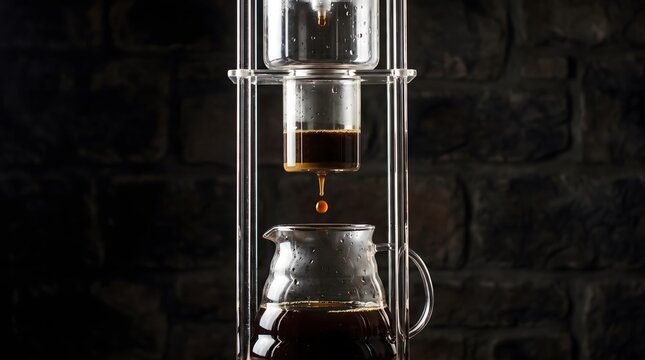 Cold drip coffee maker with drop falling into carafe