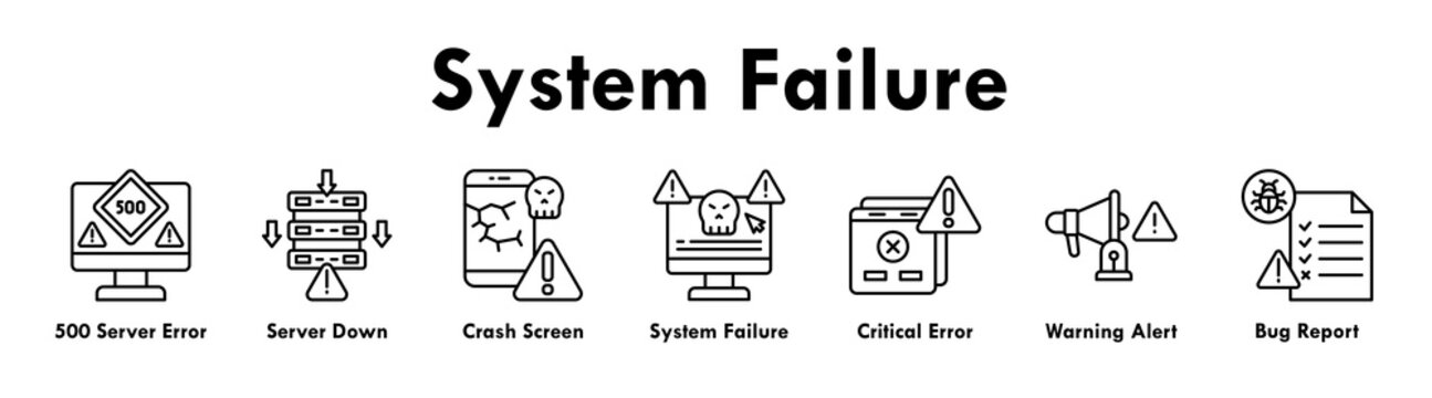 System Failure banner web icon illustration concept with icon of 500 server error, server down, crash screen, system failure, critical error, warning alert, and bug report