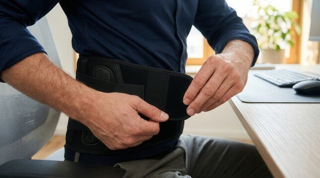 Man Adjusting Lumbar Support Brace While Sitting at a Desk, Promoting Back Health and Pain Relief During Work