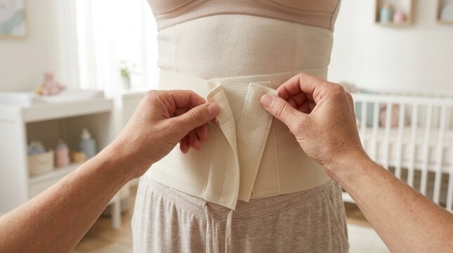 Hands adjusting a supportive belly band over comfortable loungewear in a nursery setting, post-pregnancy recovery.