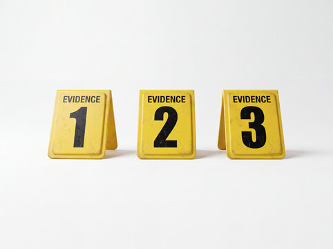 Three yellow crime scene evidence markers numbered one, two, and three standing in a row on a clean white background.