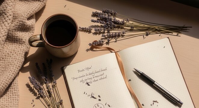 Cozy Morning Ritual With Coffee And Journaling Amidst Lavender Blooms