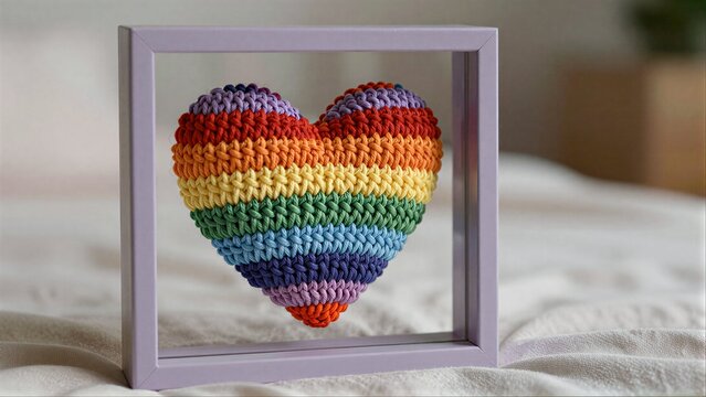 Rainbow crocheted heart in lavender frame, soft bedding background.
