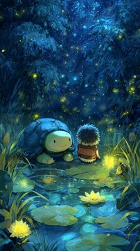 A blue shelled chibi turtle and a brown hedgehog sitting by a pond watching fireflies glow in a magical forest at night