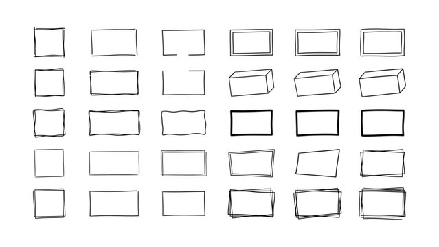 Various hand drawn shapes including squares rectangles and three dimensional boxes