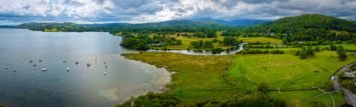 Ambleside Roman Fort Aerial View with Lake Windermere in Lake District