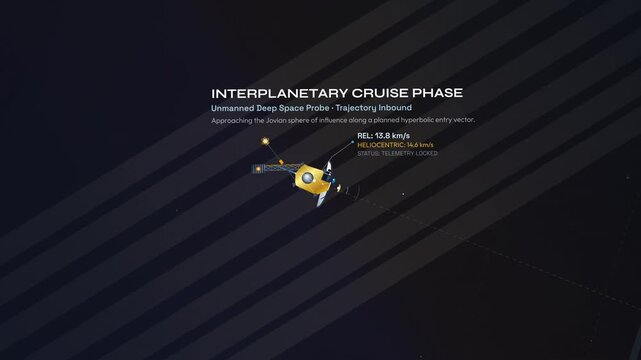 Animation of an unmanned deep space probe performing a gravity assist slingshot maneuver around Jupiter, featuring detailed orbital mechanics UI with telemetry, velocity, and momentum transfer data