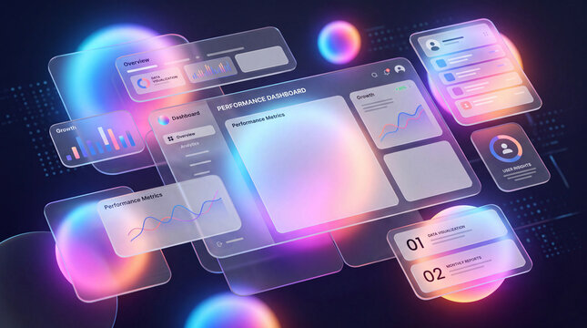 Futuristic glassmorphism UI performance dashboard template with charts and data visualization elements floating over abstract glowing neon spheres.