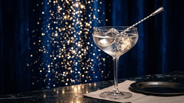 Elegant Cocktail with Ice and Stirrer in a Coupe Glass with Bokeh Lights Background