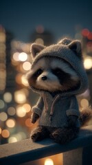 Fototapeta premium Cute raccoon wearing a hoodie sitting on a ledge with bokeh city lights in the at dusk